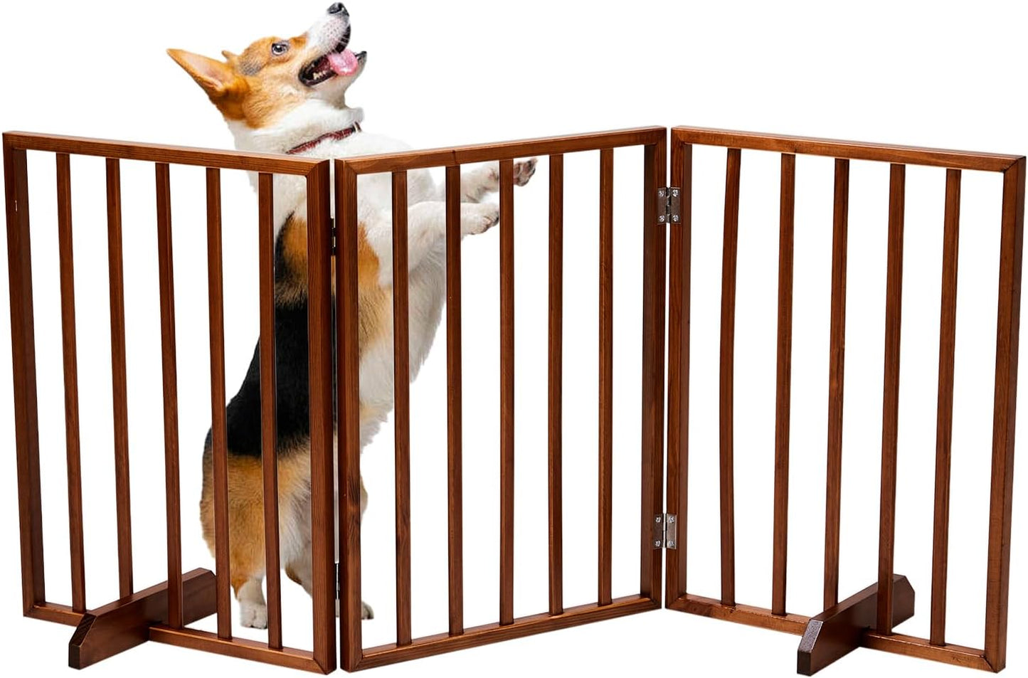4 Panels Wooden Dogs Fence,Free Standing Pet Gate for Dog Cat,Wooden Indoor Foldable Dog Gate,Wide Pet Puppy Safety Fence,with Support Feet,for Hallways, Stairs, Doorways, Halls, Kitchen (Brown)