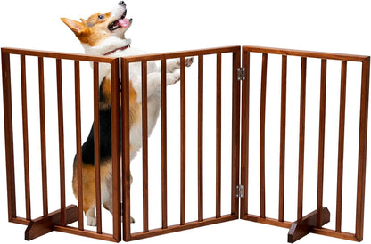BONNLO Free Standing Dog Gate Indoor, Foldable Pet Gate for Dogs and Puppy, 24" Height Wooden Dog Gates for Doorways Extra Wide/Stairs/Hallways (Walnut, 3 Panel)