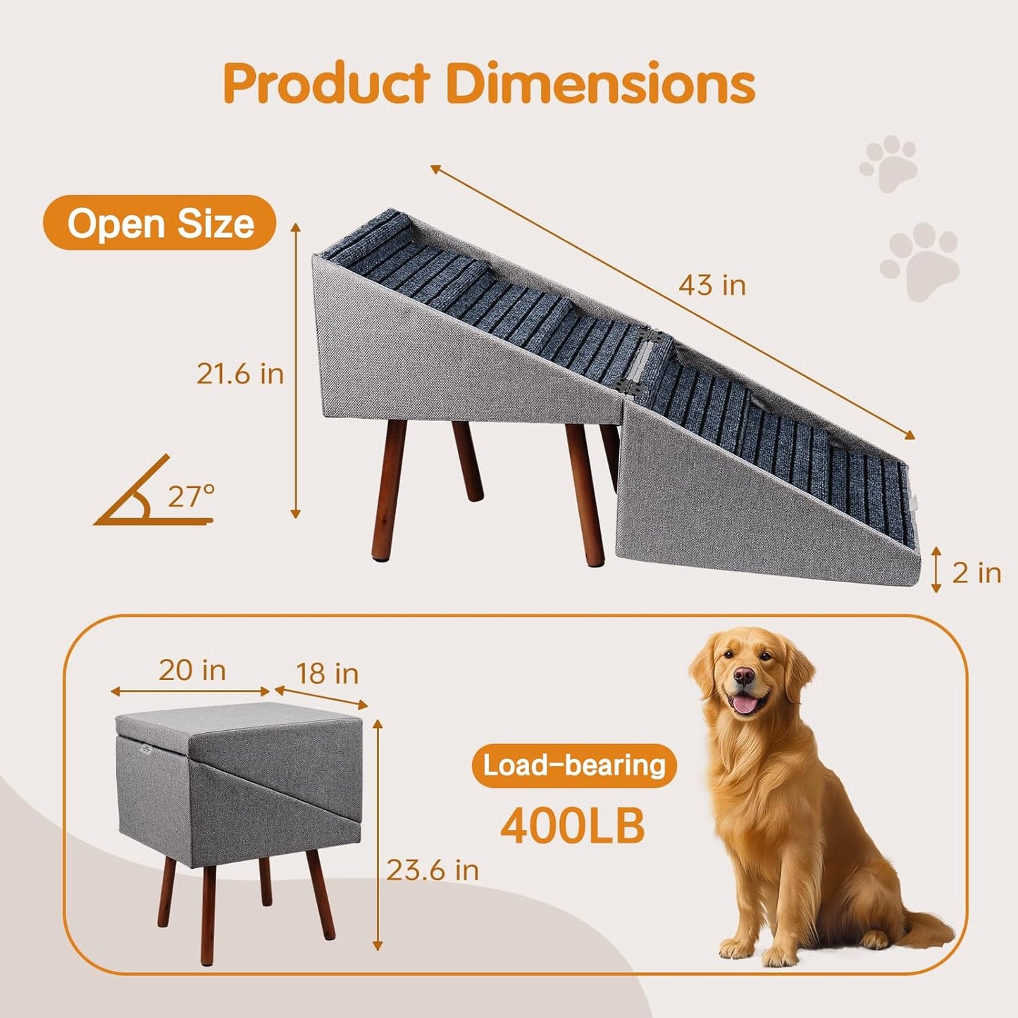 Dog Stairs for High Bed, 2-in-1 Ottoman Dog Stairs, 21 Inch Working Height, 6 Steps and Non-Slip Design for Large Dogs, Wooden Pet Furniture