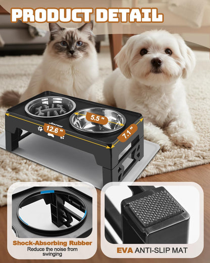 Jovrun Elevated Dog Bowls for Small Dogs and Cats, Non-Slip Cat Bowls with 2 Thick 5.5" Stainless Steel Dishes, Dog Feeder 2 Heights Adjustable to 2.6"-5.3"
