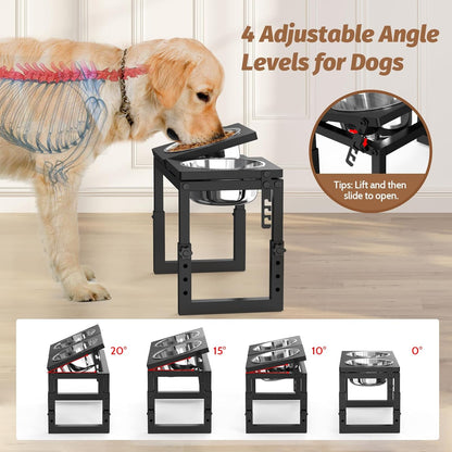 Dog Bowls Elevated, 4 Height (9.6" to15) & Angle (0-20°) Adjustable Raised Dog Bowl Stand, Elevated Dogs Bowl for Medium to Large Sized, Bamboo Feeding Station with 2X 10cups Stainless Steel Dishes