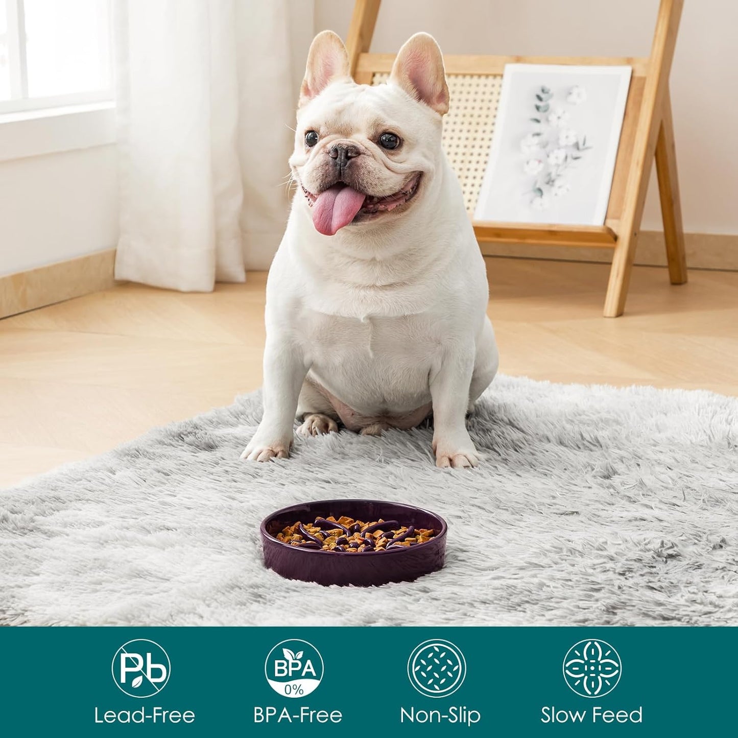 vancasso Ceramic Slow Feeder Dog Bowls, Puzzle Dog Food Bowls with Floral Maze, Anti -Slip Pet Food Dish for Small Breed, 0.6 Cups, Pink