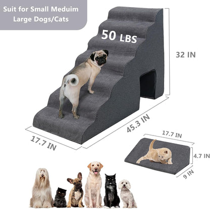 Dog Stairs for High Beds 30-36 inches Tall, 6-Step Dog Steps for Bed 32-36 inches for Small Large Dogs, Doggie Ramp for Bed, 30D Foam Pet Stairs for Old Dogs/Cats, Free-Installation, Grey