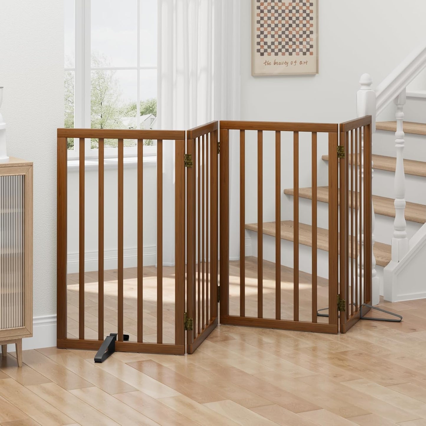 Freestanding Foldable Dog Gate - 4 Panel Room Divider with Metal Support Feet (Black)