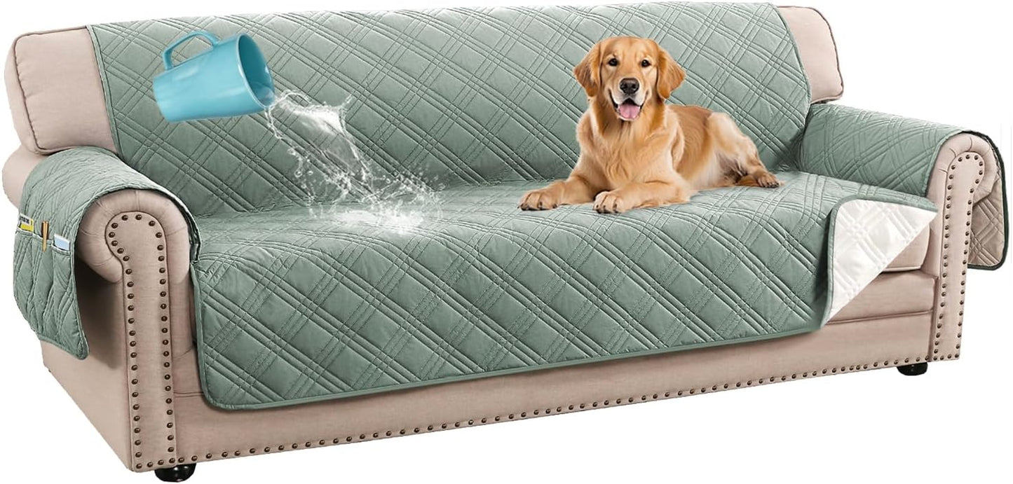 H.VERSAILTEX 100% Waterproof Slipcovers for Couches and Sofas Modern Pet Couch Cover Thick Soft Furniture Protector with Elastic Straps(Sofa, Lily Pad/Beige)