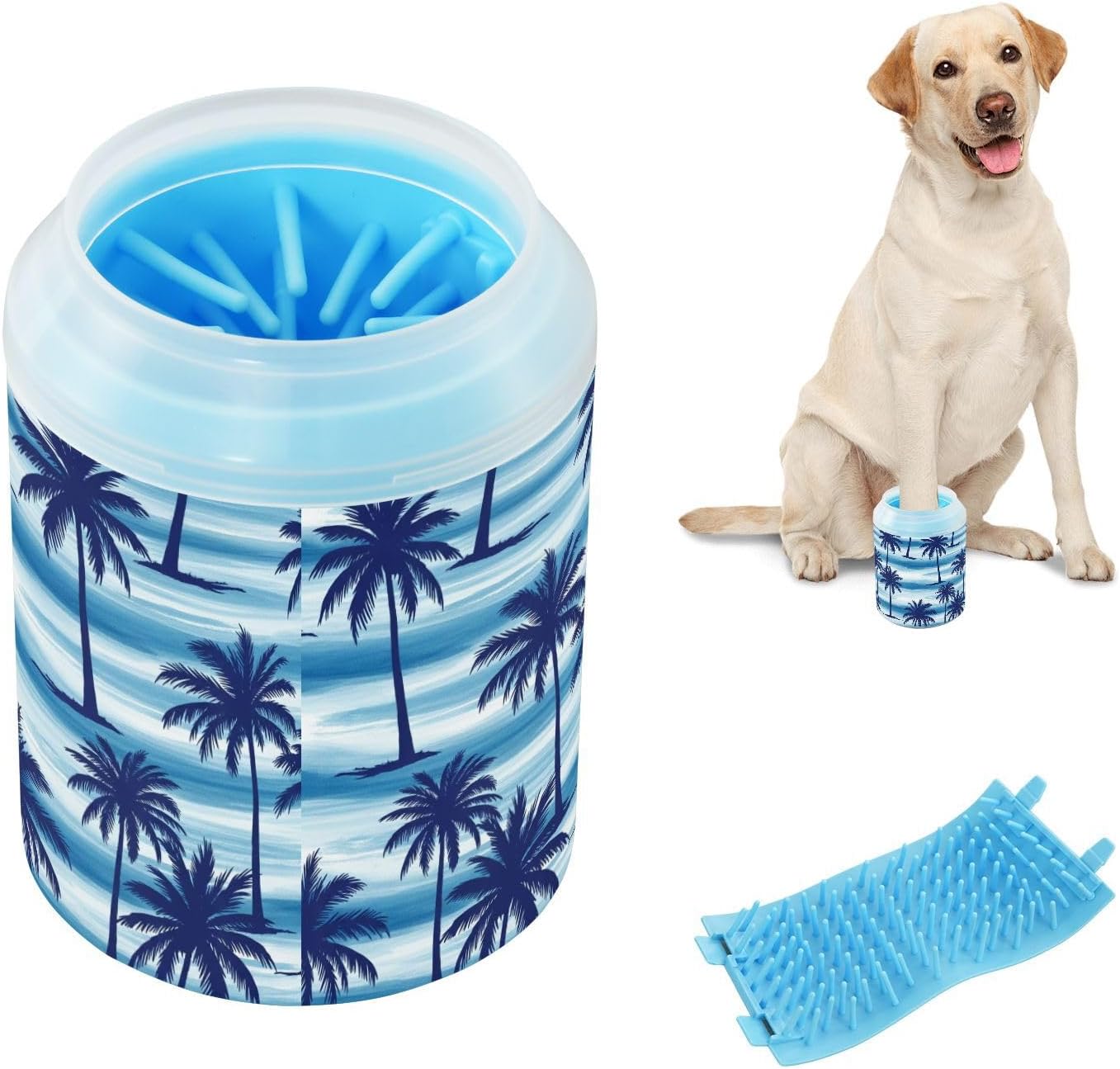Tropical Palm Ocean Blue Print Dog Paw Cleaner Cup with Soft Silicone Brush, Small Lightweight Portable Muddy Paw Washer for Dogs, Easy to Use Pet Foot Cleaner