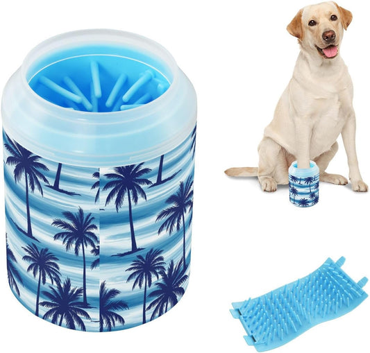 Tropical Palm Ocean Blue Print Dog Paw Cleaner Cup with Soft Silicone Brush, Small Lightweight Portable Muddy Paw Washer for Dogs, Easy to Use Pet Foot Cleaner
