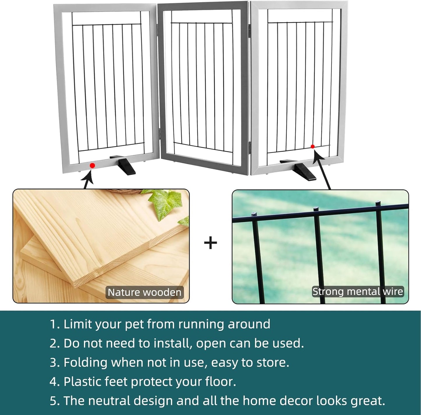 ZJSF Freestanding Dog Gate Indoor, Foldable Dog Fence for Doorways,Hallways or Stairs, Sturdy Wood Extra Wide Pet Gate with Support Feet,Black,24 "Height-3 Panels