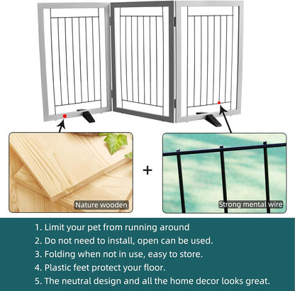 ZJSF Freestanding Dog Gate Indoor, Foldable Dog Fence for Doorways,Hallways or Stairs, Sturdy Wood Extra Wide Pet Gate with Support Feet,Black,24 "Height-3 Panels