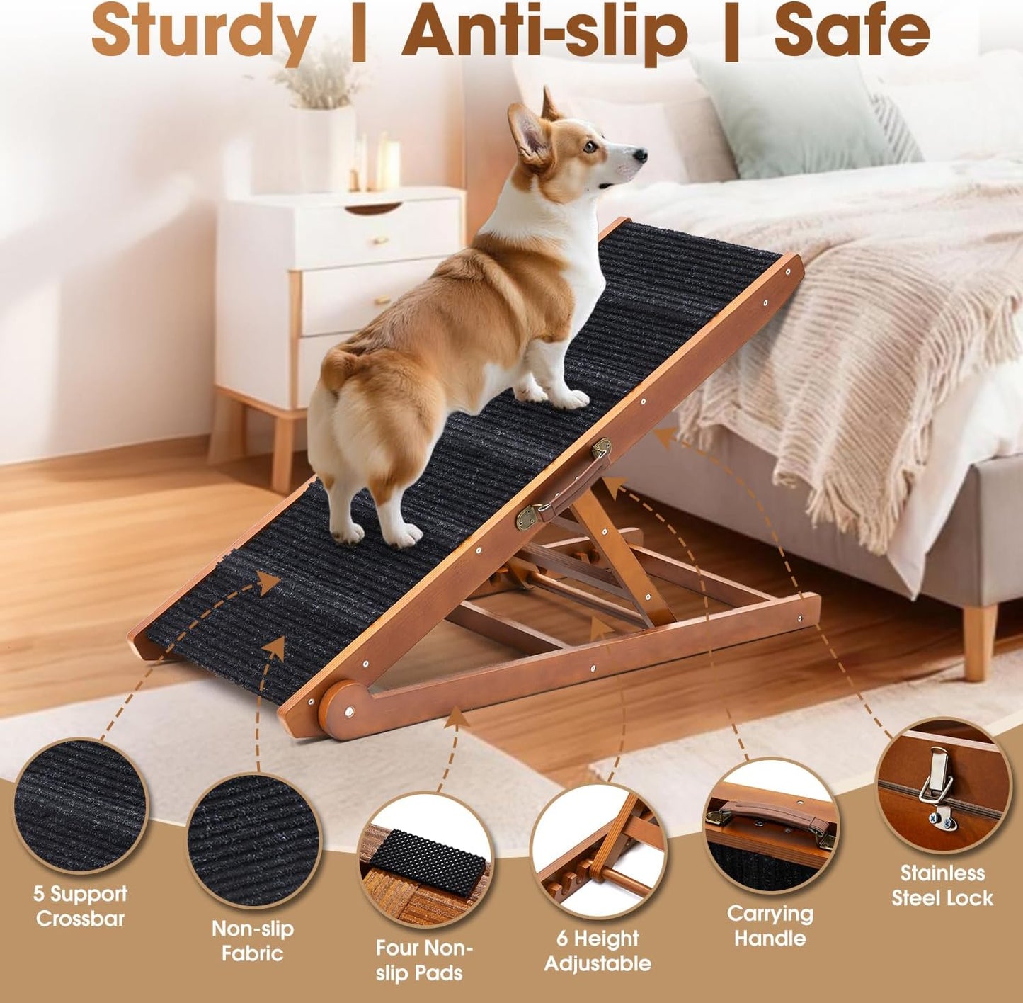 Dog Ramp for Bed - Foldable Small to Large Dog Ramp for Couch - 6 Adjustable Height from 12" to 24" - Stairs with High Traction Mat - Wooden Portable Ramp for Dogs to Get on Bed Couch Car Up to 200LBS