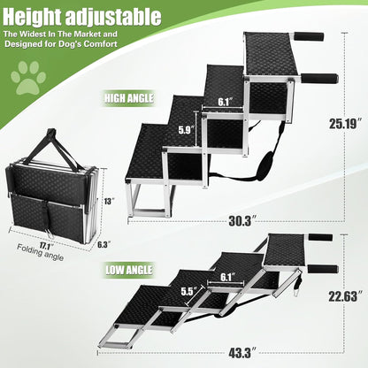 Foldable Dog Stairs with Non-Slip Surface - Portable Aluminum Dog Steps for Trucks, SUVs & Cars - 4 Steps
