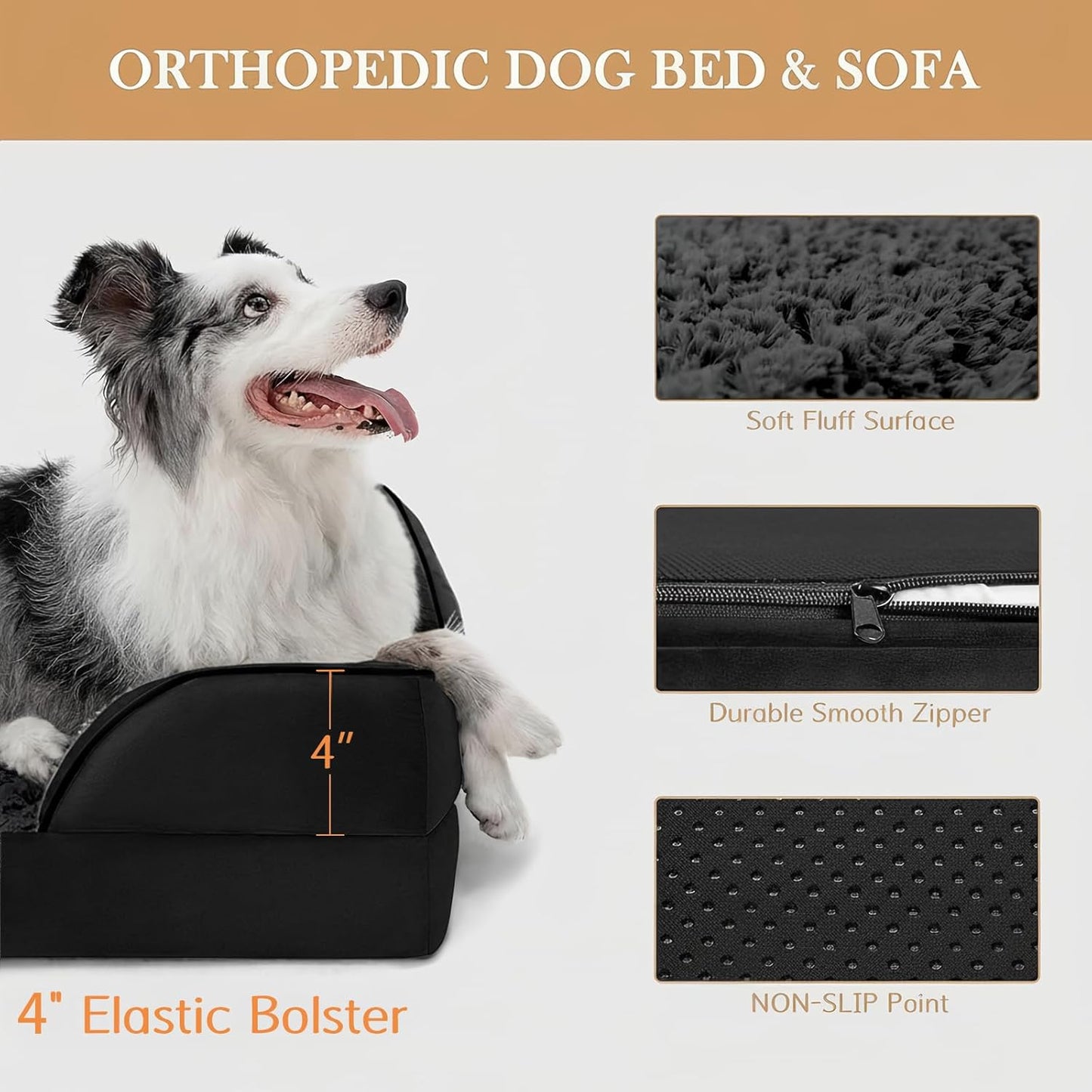 Comfort Expression Orthopedic Dog Bed for Extra Large Dogs 42x30 Inch, Waterproof Egg Crate Foam XL Pet Bed with Removable Bolsters, Dog Couch with Washable Cover & Non-Slip Bottom, Grey - Colors B