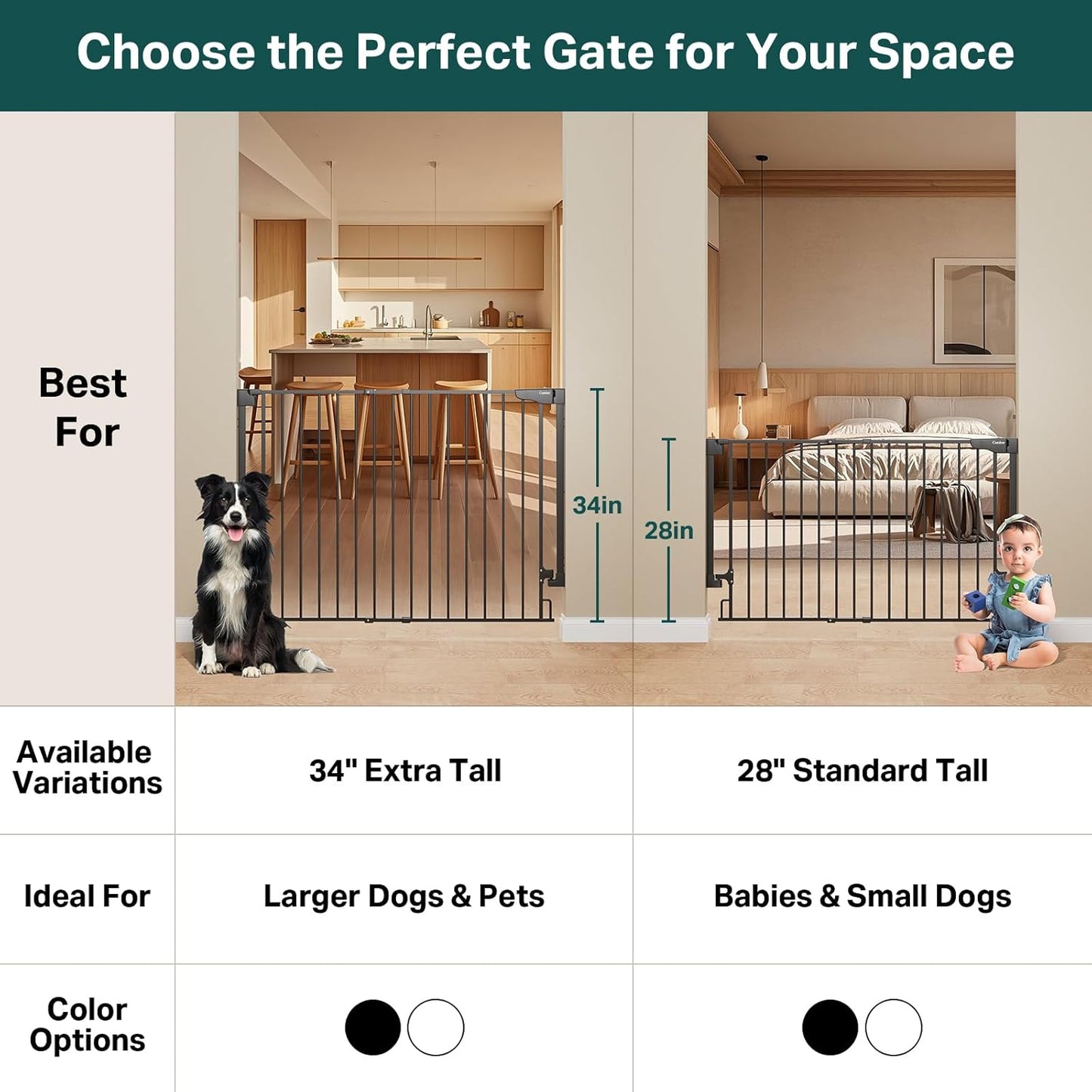 Cumbor 29.2–43" Baby Gate for Stairs, Hardware Mounted (Drill Required), Expandable No Bottom Bar Dog Gate, Auto Close Extra Wide Walk Thru, Pet & Toddler Proof Gate, Top & Bottom of Stairways(Black)