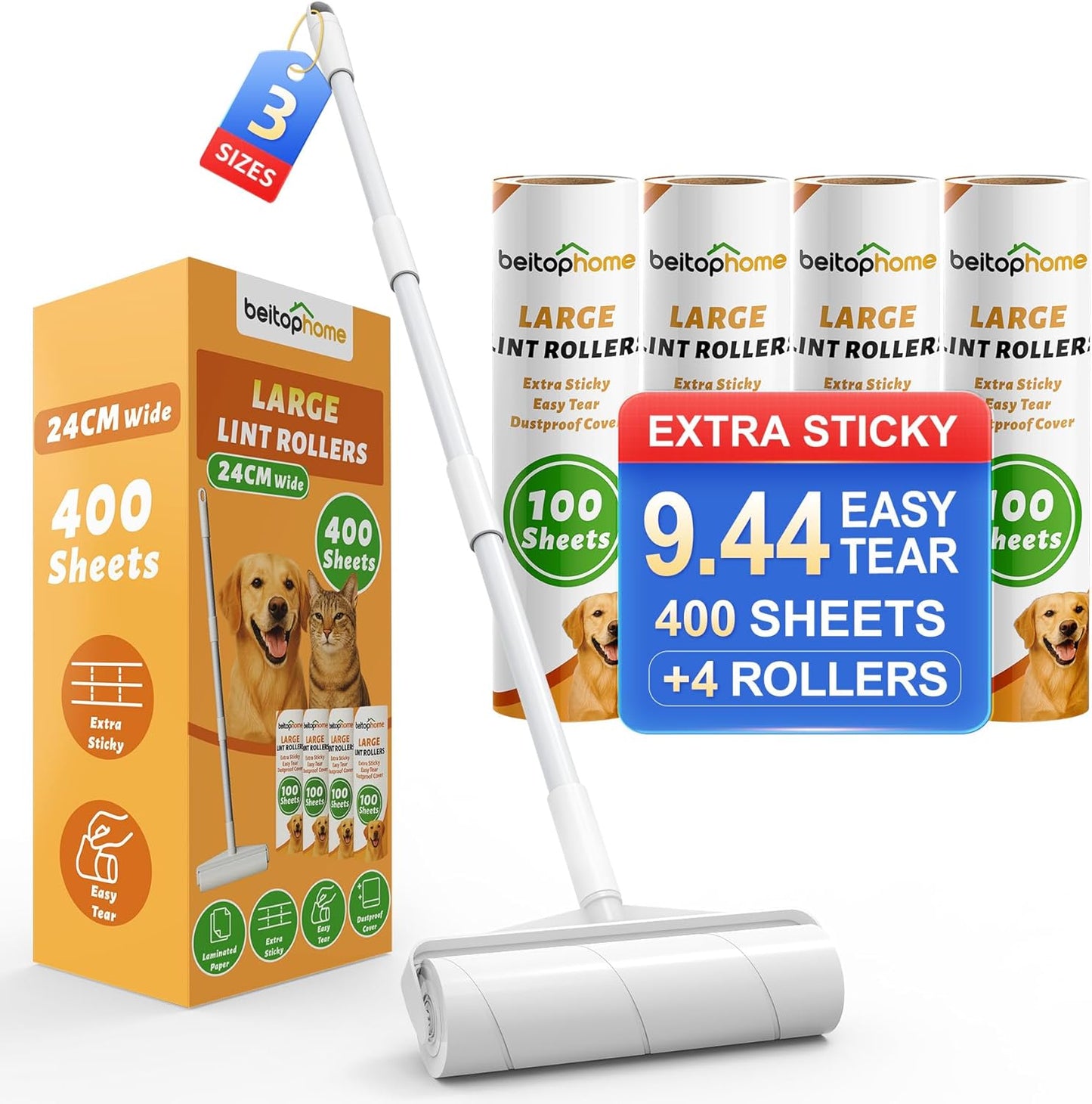 Lint Roller, 800-Sheet Extra Sticky Rollers for Pet Hair, 4 Handles, Value Pack for Dogs, Cats, Clothes, Carpet, Furniture
