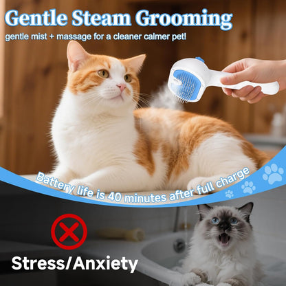 Pet Steam Brush for Dog & Cat - 3-in-1 Steam Grooming Brush for Shedding & Hair Removal - Self Cleaning Spray Comb with Mist for Long Haired Pets - Includes 1*Waterless Shampoo, Blue.