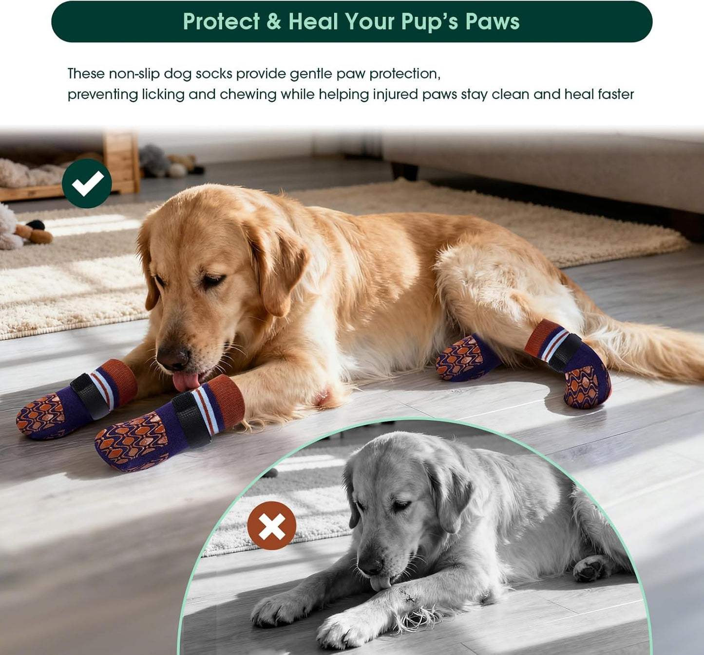 Kuoser Non Slip Dog Socks for Hardwood Floors, 4Pack Anti-Slip Dog Grippy Socks to Prevent Licking Paws, Dogs Booties Paw Protectors with Double-Sided Traction for Small Medium Large Senior Dogs, XS