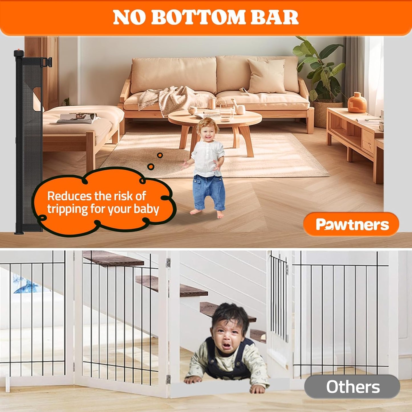Pawtners Retractable Baby Gates Extra Wide, 41" Tall Extends up to 71" Wide, Dog Gate Indoor for Stairs, Pet Gate with Support Rods for Doorways Hallways Indoor & Outdoor-Black