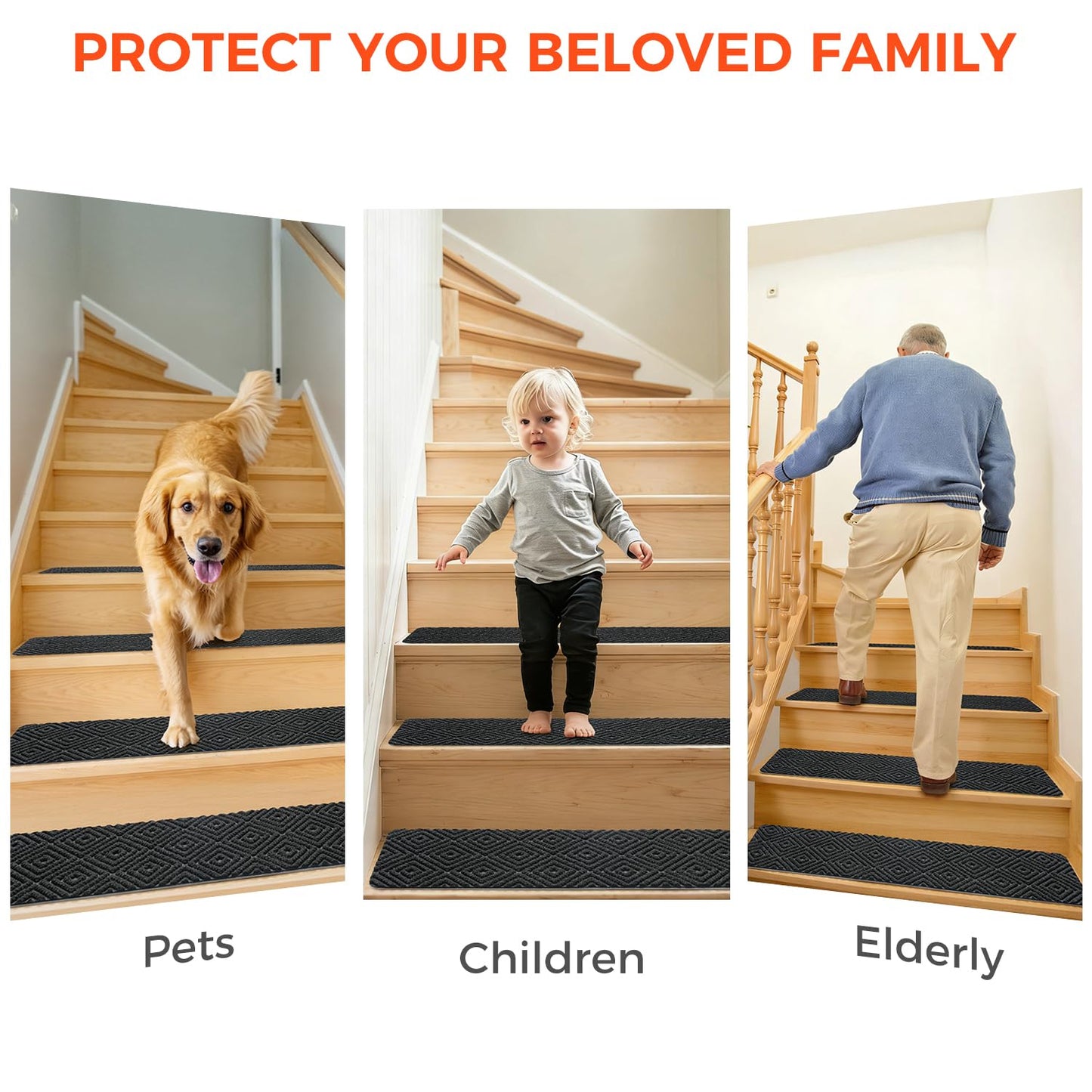 BAGAIL 15 Pack Non-Slip Stair Treads for Wooden Steps, 8"x30" Peel and Stick Carpet Stair Runners, Machine Washable Indoor Step Covers with No-Residue Adhesive for Dogs, Kids & Elderly - Dark Gray