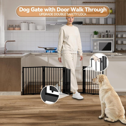 SNUOWU Full Metal Freestanding Dog Gate with Door, 32''Height Foldable Pet Dog Fence for Indoor & Outdoor, 4 Panels Extra Wide Free Standing TallDog Gates for Doorways,House,Stairs,Porch,Deck,Yard