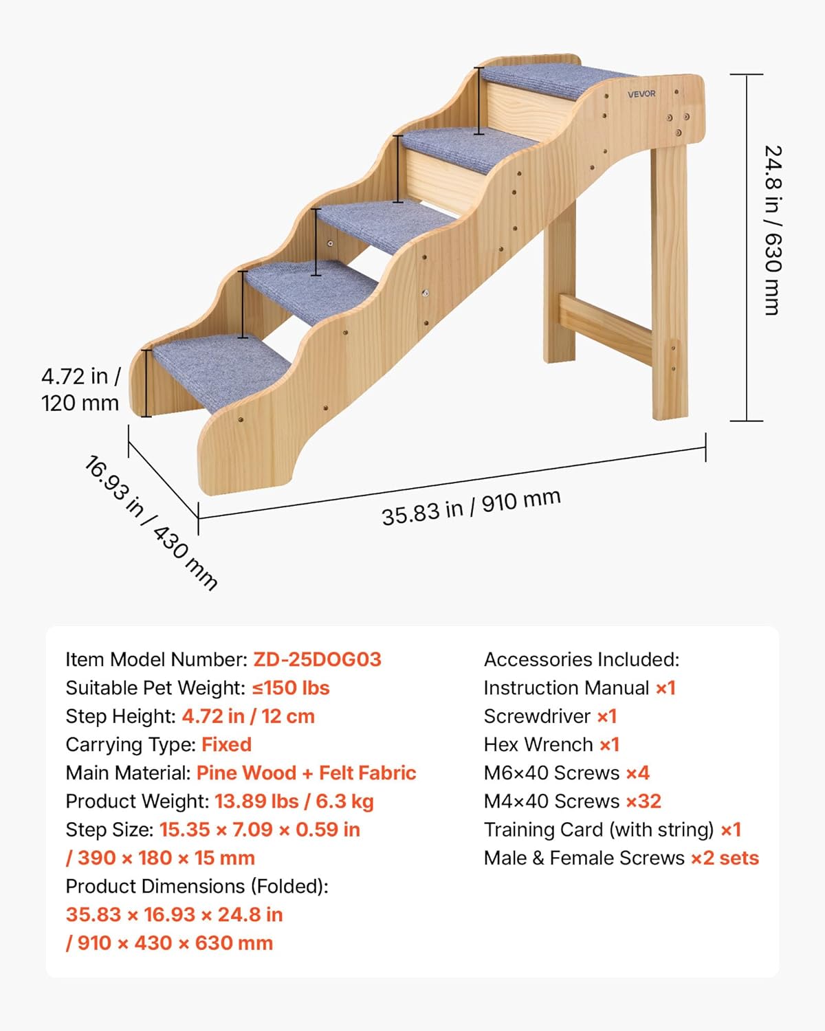VEVOR Wood Pet Stairs, 2-Step Dog Stairs for Beds, Sofa & Cars, 110lbs Load Capacity, Floded Flat Design, Stable & Sturdy Cat & Dog Step Ladder for Small Medium Large Older Pet Puppy Essentials