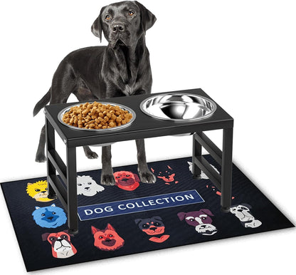 ADENGL Metal Raised Dog Bowl, 10" Tall Elevate Dog Feeder Stand with 2 Stainless Steel 42oz Bowls & 16x24 Non-Slip Mat – Stronger Dogs Food & Water Bowl Stand (Black)