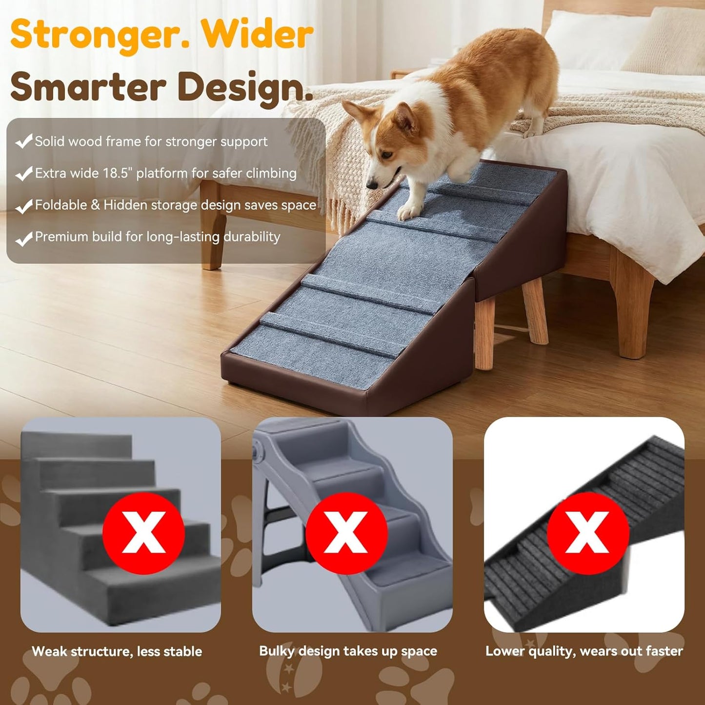 Dog Ramp for Small Dogs, 15.7" H 3-in-1 18.5" Extra Wide Foldable Ottoman & Hidden Storage Design Dog Stairs for Couch Sofa, Non-Slip Pet Steps for Puppy Senior Injured Dogs (White)