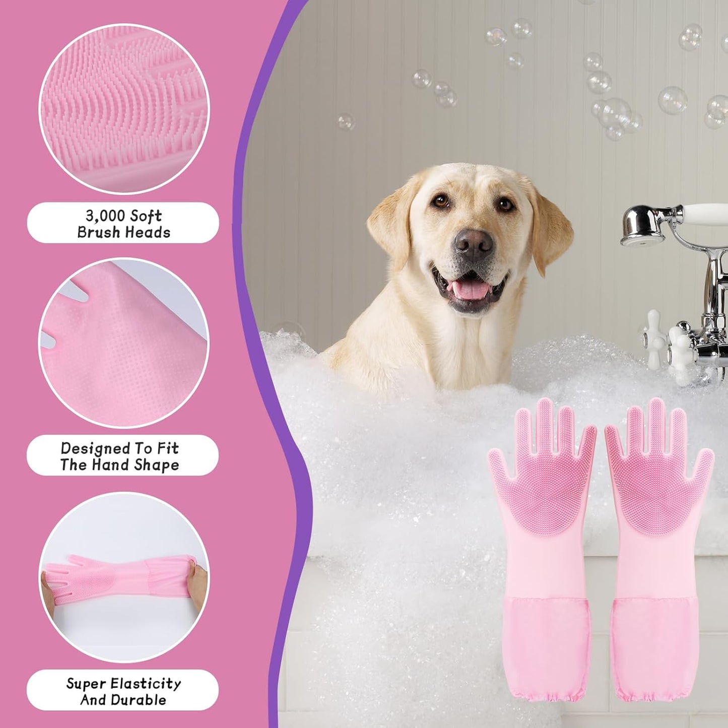 Dog Washing Gloves- Long Sleeved Pet Grooming Gloves - Heat Resistant Silicone Gloves with High-Density Teeth - Efficient Deshedding Glove for Dogs, Cats, Rabbits and Horses