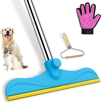 Eaersan 3 in 1 Carpet Rake Kit for Pet Hair Removal Tool - 45” Adjustable Long Handle Pet Hair Remover, Reusable Carpet Scraper Dog Cat Deep Hair Cleaner Remover Tool for Rugs, Mats, Couch, Furniture