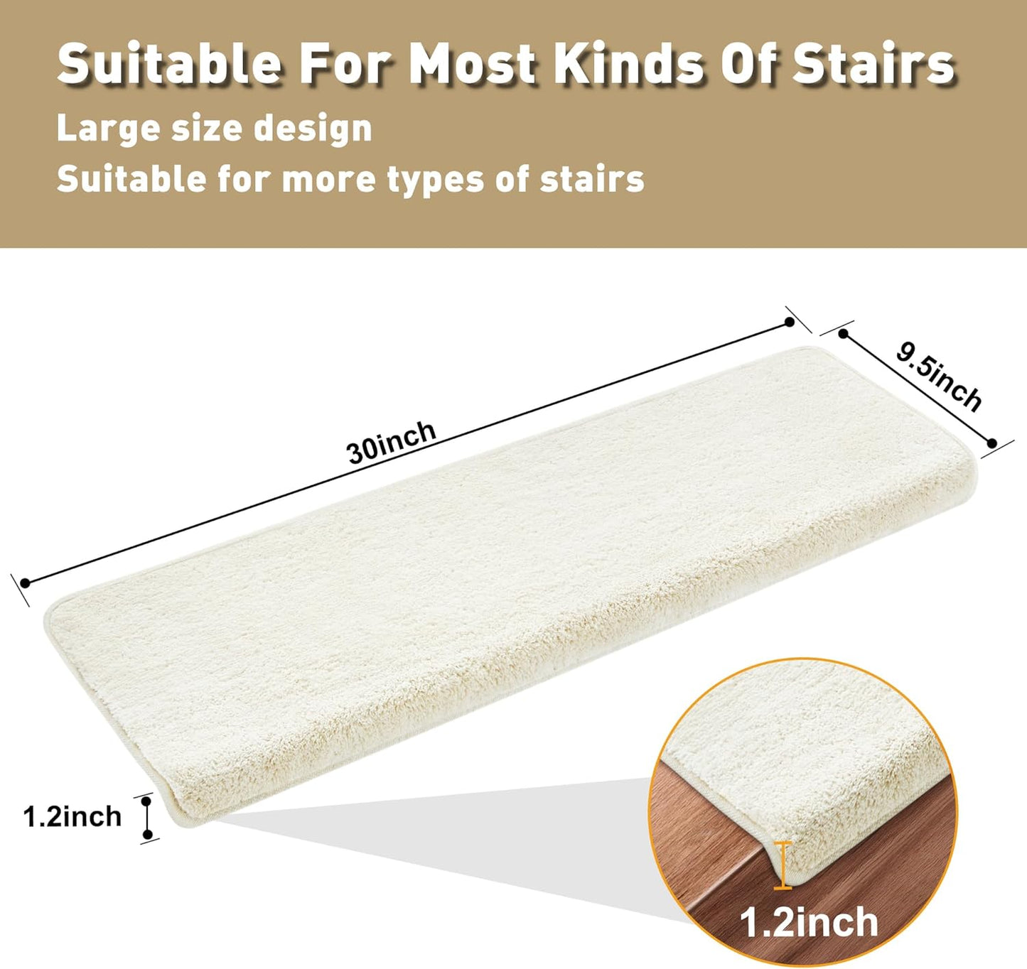PURE ERA Carpet Stair Treads Ultra Plush 9.5" X 30"Soft Bullnose Indoor Stair Protectors Pet-Friendly Non-Slip Skid Resistant Tape Free Washable Reusable(14 Pieces, Cream Gray)