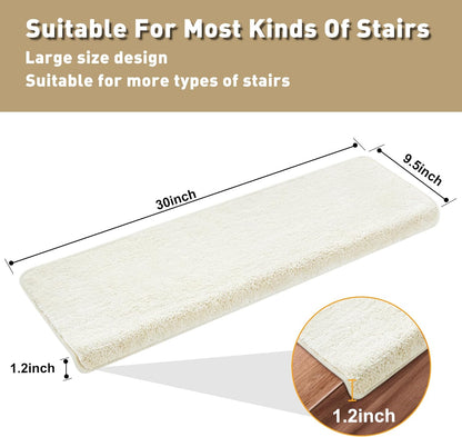PURE ERA Carpet Stair Treads Ultra Plush 9.5" X 30"Soft Bullnose Indoor Stair Protectors Pet-Friendly Non-Slip Skid Resistant Tape Free Washable Reusable(14 Pieces, Cream Gray)