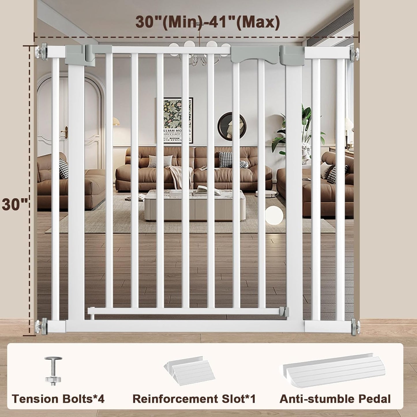 30"-62.5" Extra Wide Baby Gate for Doorways/Hallways,Pressure-Mounted Dog Gate Indoor for Stairs, Auto Close Pet Door for Child/pet Proof Safety, No Need Drilling, White