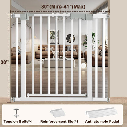 30"-62.5" Extra Wide Baby Gate for Doorways/Hallways,Pressure-Mounted Dog Gate Indoor for Stairs, Auto Close Pet Door for Child/pet Proof Safety, No Need Drilling, White