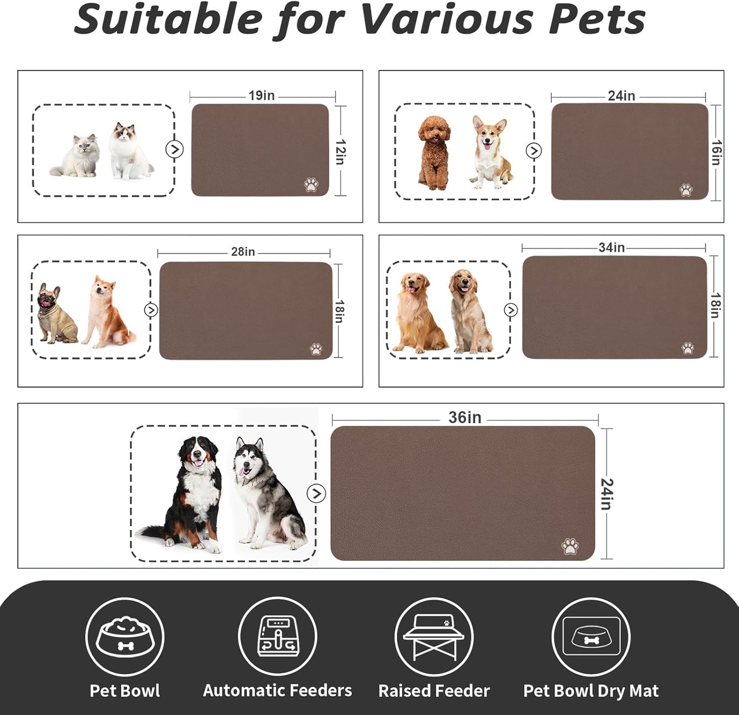 HotLive Dog Food Mat - Absorbent Cat Mat for Food and Water, No Stains Pet Feeding Bowl Mat, Easy to Clean Pet Placemats, Quick Dry Dog Water Dispenser Mat for Messy Drinkers | Paw Dark Grey 12"x 19"
