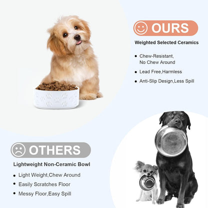 SPUNKYJUNKY Elevated Dog Bowls Ceramic, 6.1'' Dogs and Cat Food Water Bowls Raised with Non-Slip Bamboo Stand for Medium Sized Breed Microwave Dishwasher Safe - 28.7 OZ,Beige