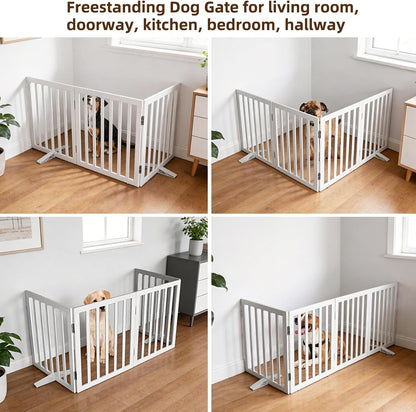 ZJSF Freestanding Indoor Dog Gate for House Foldable Wood Puppy Gate for Doorways Pet Gate for Stairs Extra Wide Pet Fence, Brown, 24" Height 3 Panels