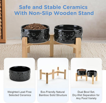 SPUNKYJUNKY Elevated Dog Bowls Ceramic, 6.1'' Dogs and Cat Food Water Bowls Raised with Non-Slip Bamboo Stand for Medium Sized Breed Microwave Dishwasher Safe - 28.7 OZ,Beige