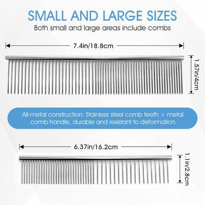 2PCS Metal Pet Combs,Different Spaced Rounded End Teeth Detangler Deshedding Comb for Dog,Cat,Pet