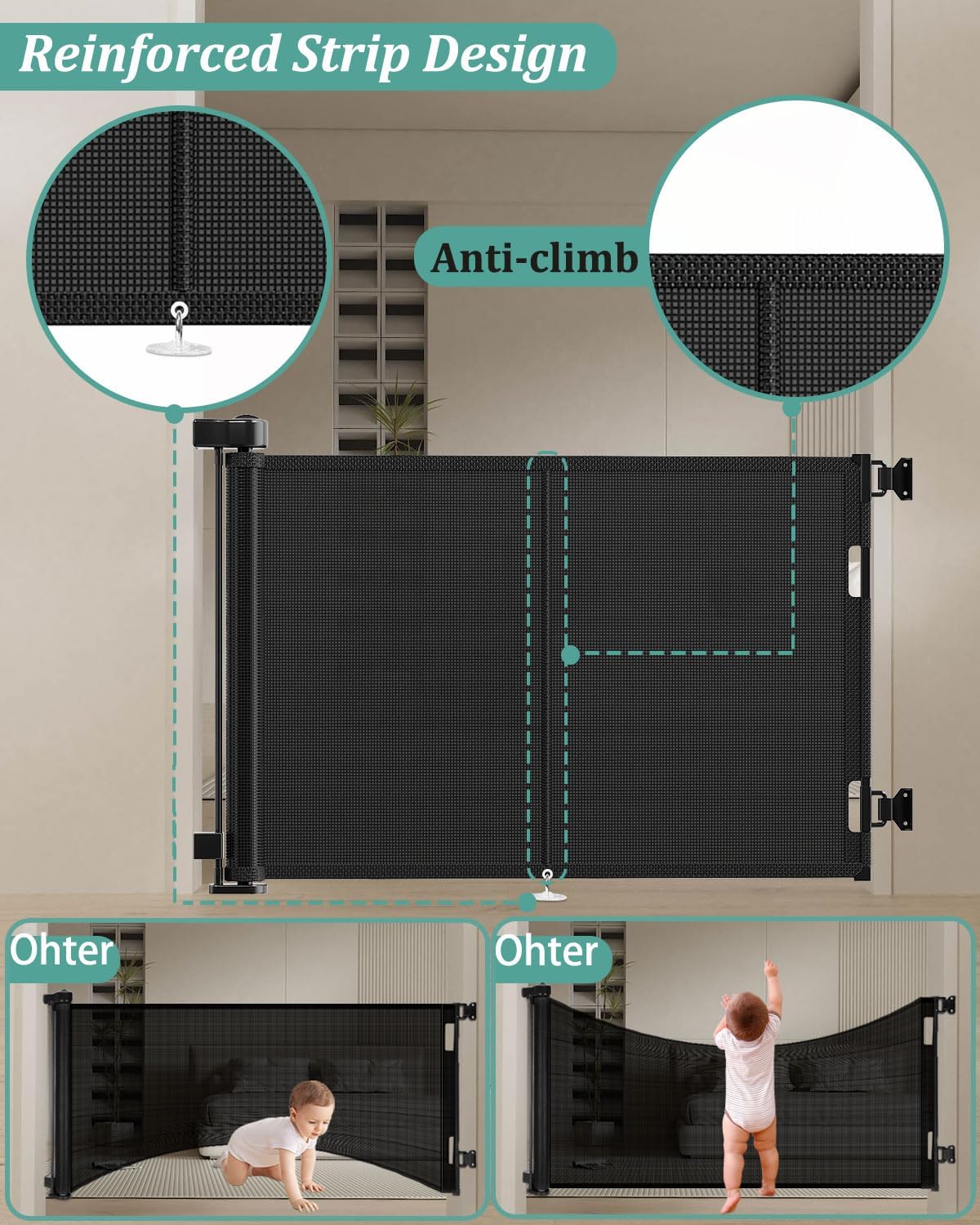 Miumoon 120 inch Retractable Baby Gates 34 inch Tall, Retractable Gate with Reinforced Strip Design to Prevent Crawling Through, 10 FT Extra Wide Retractable Dog Gate for Indoor/Outdoor