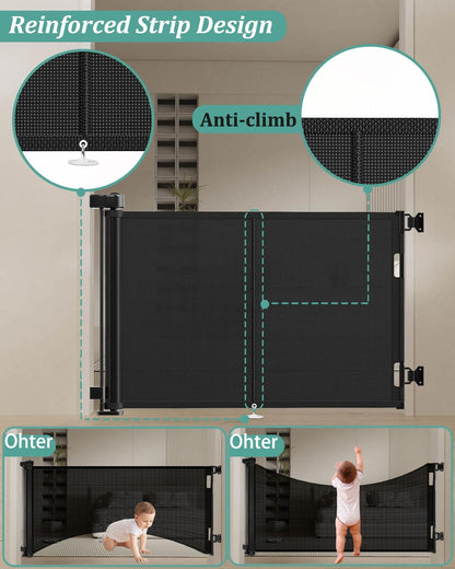 Miumoon 150 inch Retractable Baby Gates 42 inch Tall, Retractable Gate with Reinforced Strip Design to Prevent Crawling Through, 12 FT Extra Wide Retractable Dog Gate for Indoor/Outdoor