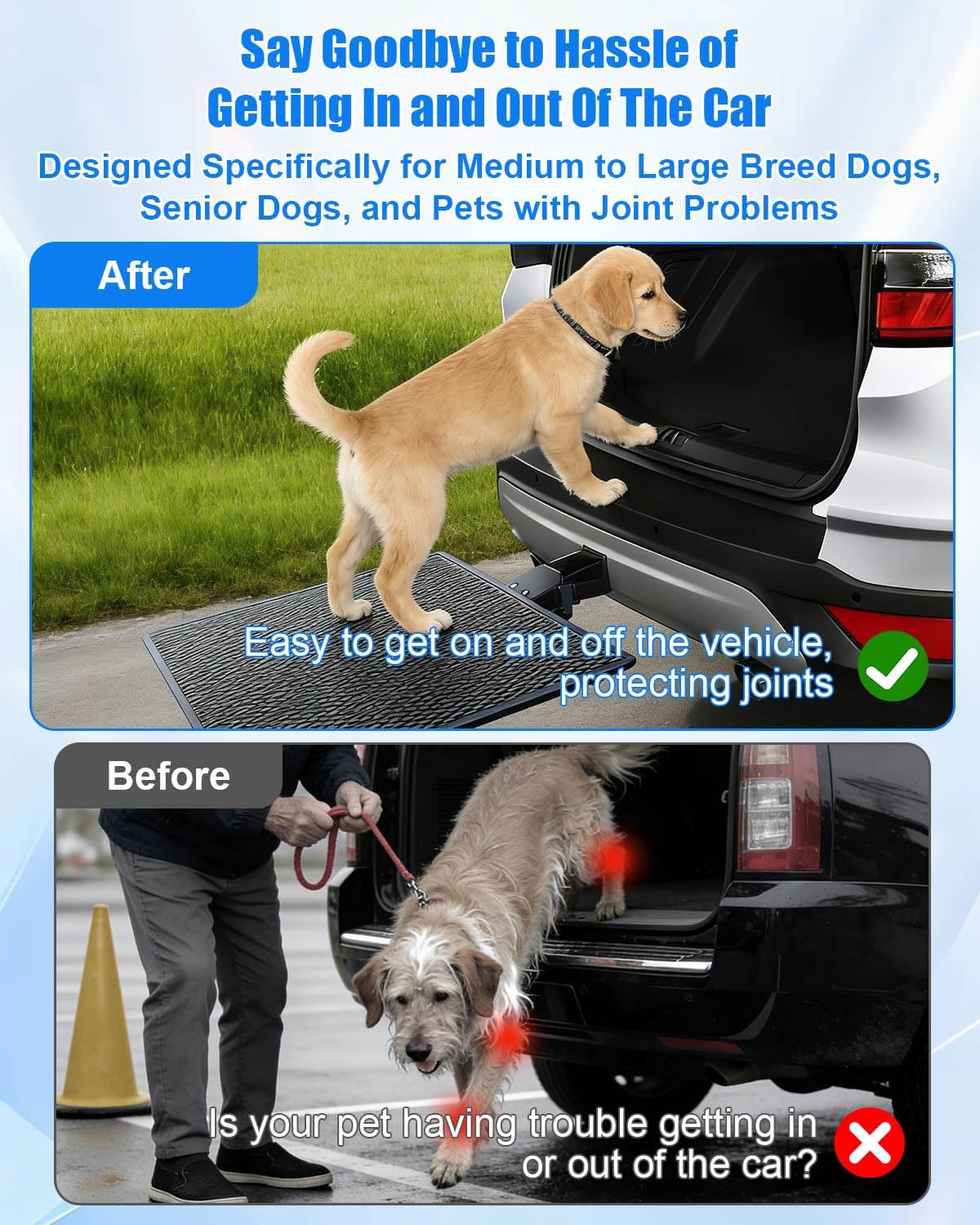 Pet Ramp Steps for Dogs Get in & Out of Car, Portable Dog Ramp for 2 Inch Trailer Hitch, Stainless Steel with Anti-Slip Pad for Medium Large & Senior Pets, Supports 200lbs for SUVs Trucks & Vans