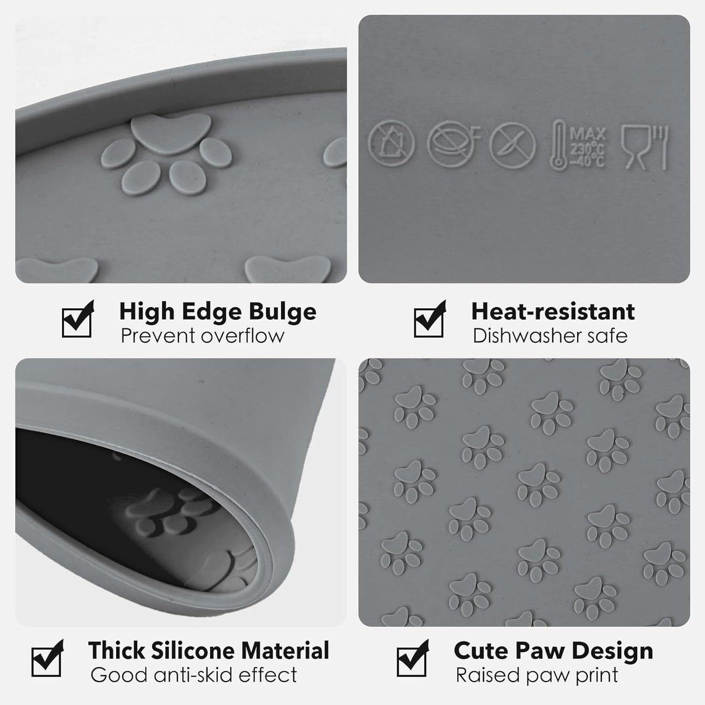 Silicone Pet Food Mat - Waterproof Dog & Cat Feeding Mat with High Lip to Prevent Spills & Protect Floors, Black
