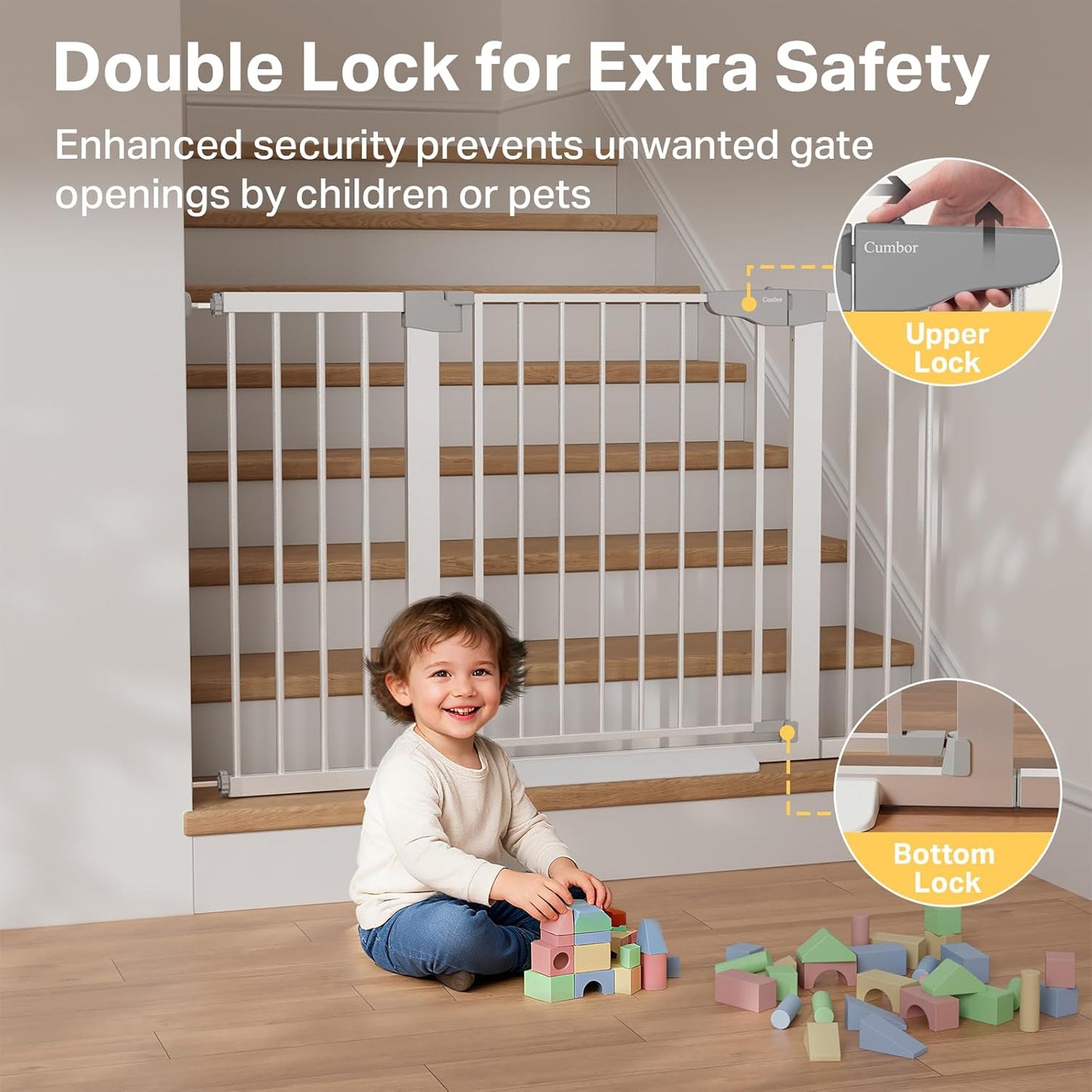 Cumbor 36.6-64" Extra Wide Baby Gate for Stairs, Dog Gates for Doorways, Auto-Close Pet Gate Indoor, Pressure Mounted Walk Through Safety Child Gate for Kids Toddler, Tall Pet Puppy Fence Gate, Brown