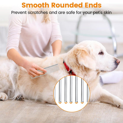 PETTOM Pet Steel Grooming Tool Poodle Finishing Butter Comb 7 1/2-inch L Silver Dog Combs with Rounded Ends Stainless Steel Teeth, Cat Comb for Removing Tangles and Knots