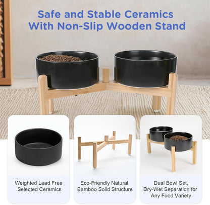SPUNKYJUNKY Elevated Dog Bowls Ceramic, 6.1'' Dogs and Cat Food Water Bowls Raised with Non-Slip Bamboo Stand for Medium Sized Breed Microwave Dishwasher Safe - 28.7 OZ,Beige