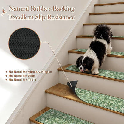 OJIA Floral Stair Treads Non-Slip Stair Runner for Wooden Steps Indoor 15PCS 30"x8" Carpet Stair Treads Stair Mats Staircase Step Treads for Kids, Elders and Dogs, Stair Covers, Black