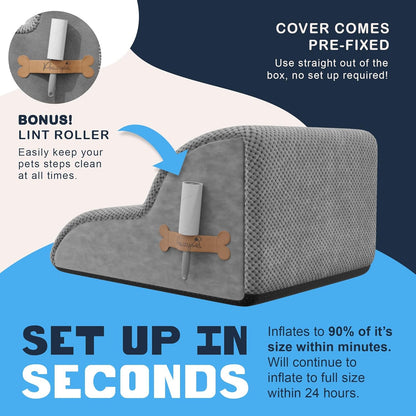 PAWZY Dog Stairs for Medium-Height Beds & Couches, 3-Step Foam Pet Steps 15.5” High for Small Dogs & Cats up to 60 lbs, Wide Non-Slip, Waterproof Washable Zipper Cover, No Assembly, Grey