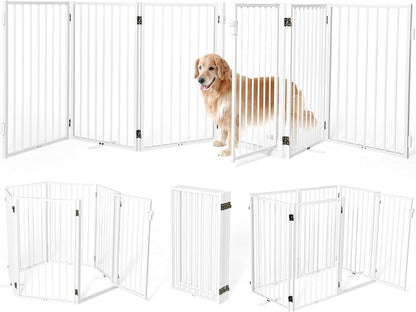 Metal Freestanding Dog Gates with Door for Outdoor Indoor,80'' Extra Wide 32'' Tall Free Standing Dog Gate for Doorways,Large Openings,Deck,Yard,Foldable Safety Pet Fence(Black,4 Panels)