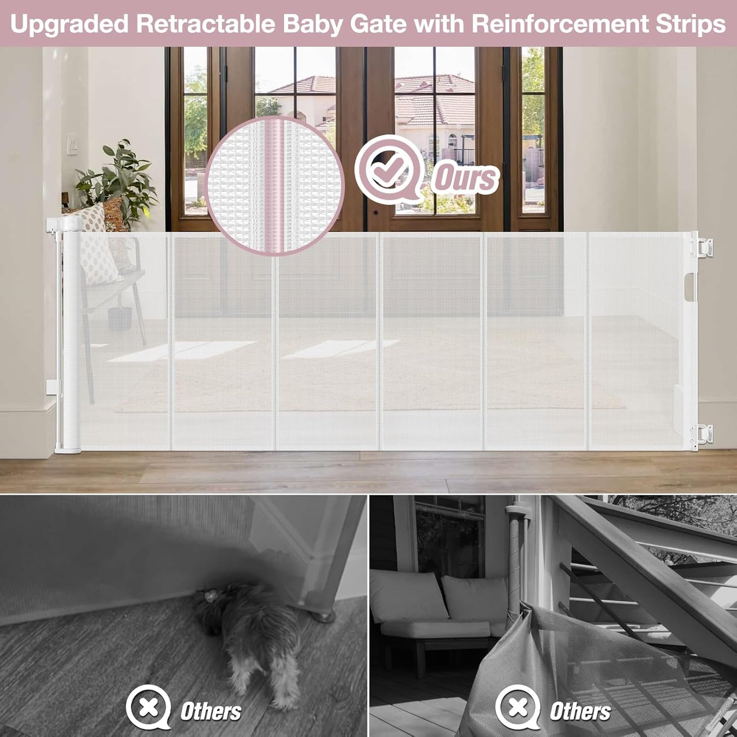 Reinforced 56" Wide Retractable Baby Gates for Doorways with Support Rods - Prevent Crawling Under Retractable Gate, Mesh Pet Gate for Stairs Retractable Dog Gates for The House Indoor/Outdoor, Black