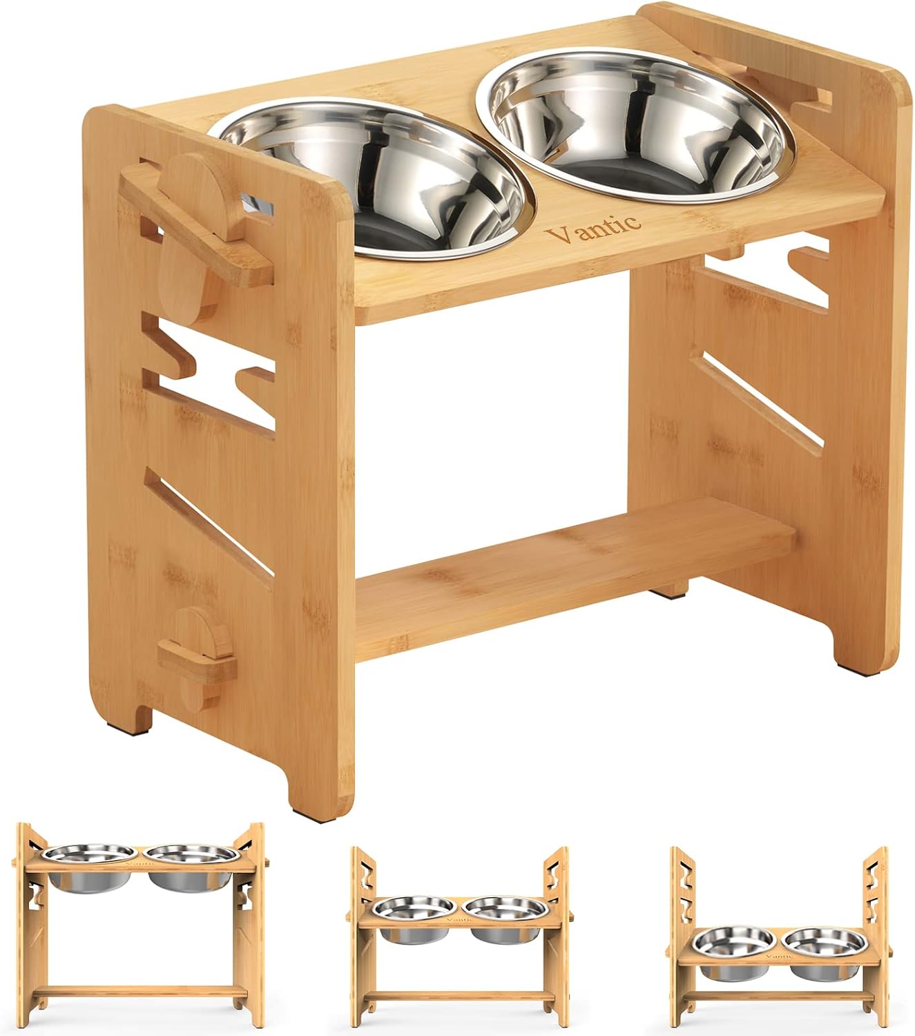 Vantic Elevated Dog Bowls, Adjustable Raised Dog Bowl Stand for Small Puppy and Cats, Sturdy Bamboo Pet Food Feeder with 2 Stainless Steel Dishes, Natural