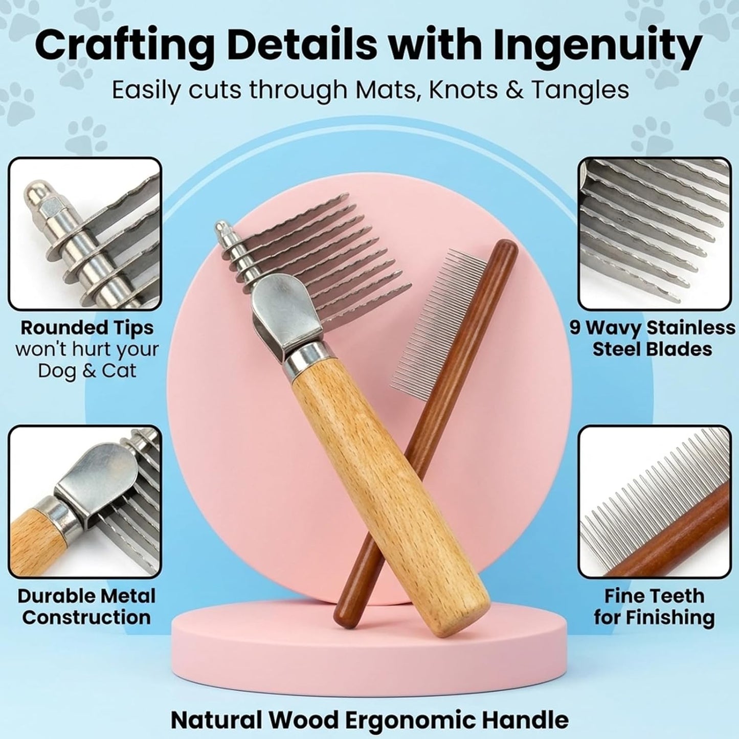 Dematting Comb for Dogs, Professional Dog Dematting Brush and Dematting Fur Rake Comb for Dogs, Long Steel Blades for Mat and Tangle Removal, Ideal for Long-Haired Breeds and Multi-Pet Households